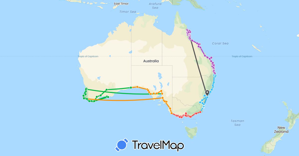 TravelMap itinerary: bus, train, hiking, boat, hitchhiking, motorbike in Australia (Oceania)